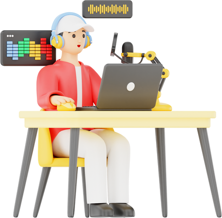 Man Editing Podcast Audio 3D Podcast Illustration